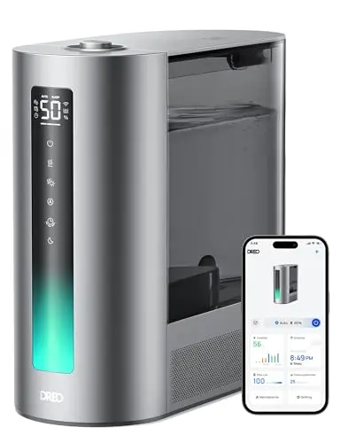 DREO smart humidifier in silver with a digital display, next to a smartphone showing the app.