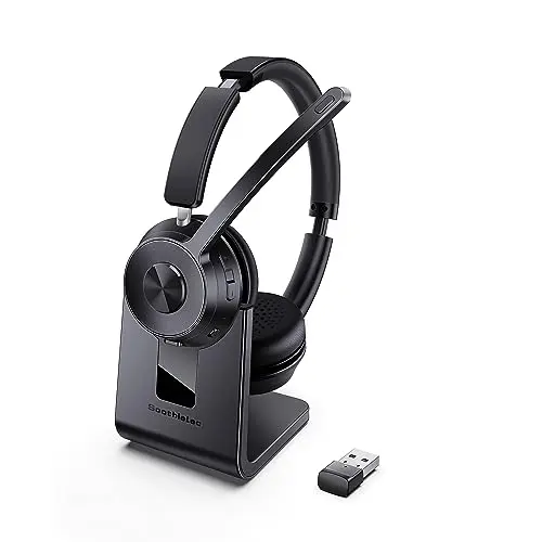 Soothielec wireless headset with noise cancelling microphone and charging stand