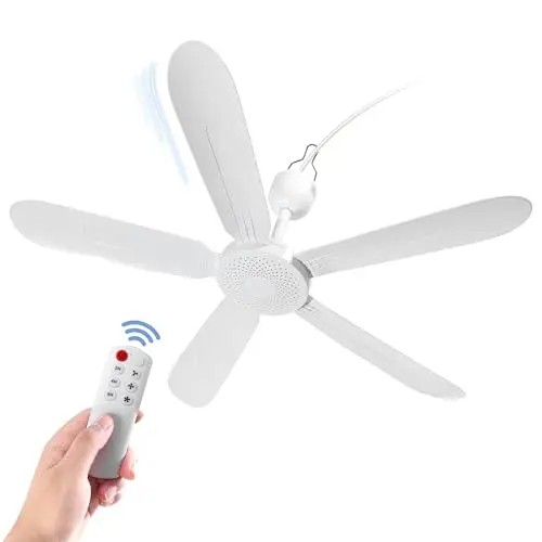 Mengnessly white 28-inch portable ceiling fan with remote hanging in a tent or van.