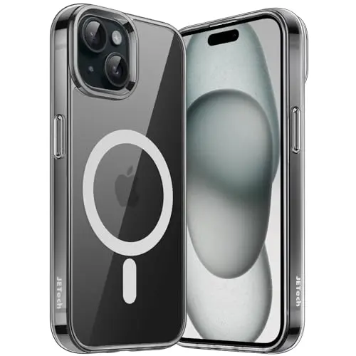 JETech clear magnetic case for iPhone 15 on a MagSafe charger