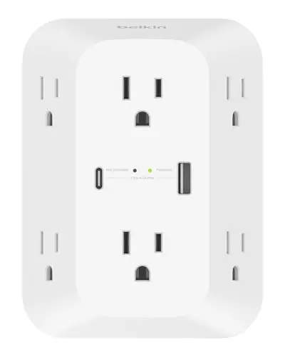 Belkin white wall-mountable surge protector with 6 outlets and USB-C port