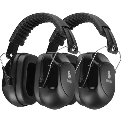 Two pairs of black Floriogra noise canceling headphones laid side by side.