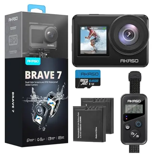 AKASO Brave 7 action camera with LCD remote control on a ski pole
