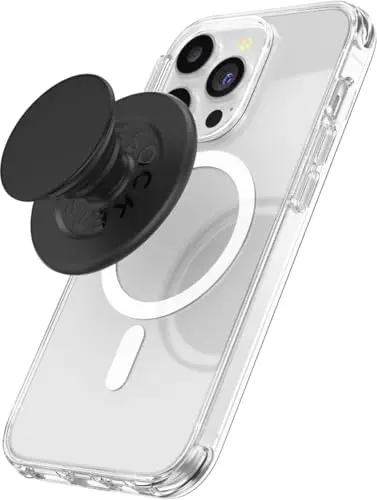Black PopSockets MagSafe phone grip attached to an iPhone