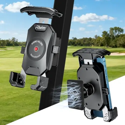 Roykaw magnetic golf cart phone holder with strong magnets attached to a cart frame