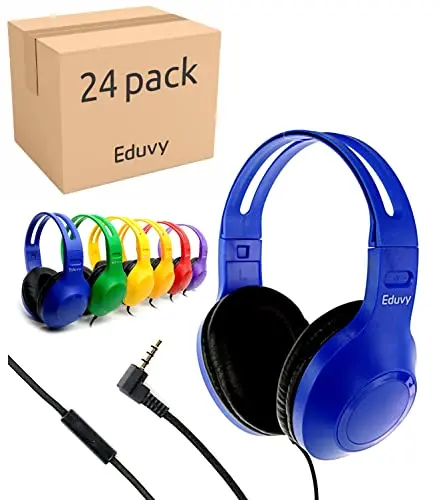 Eduvy Edspired Headphones 24-pack in mixed colors, showing over-ear design with inline microphone