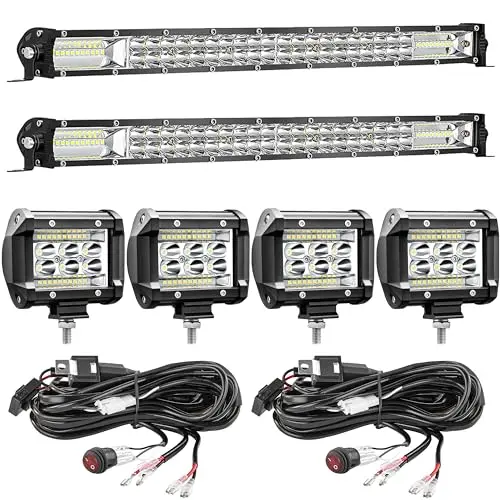SAN YOUNG LED light bar kit showing two slim 20-inch bars and four round LED pods with wiring harnesses.