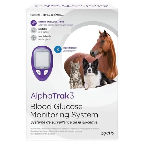 AlphaTrak 3 glucose monitoring kit for pets including meter, test strips, and lancing device in a carrying case.