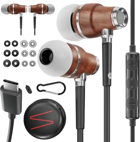Symphonized wooden USB-C wired earbuds with a natural finish