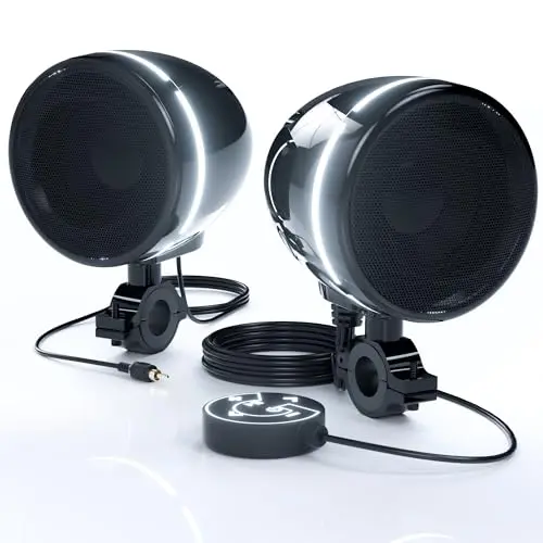 GoHawk AN4-Halo Black motorcycle speakers with white LED ring mounted on handlebars