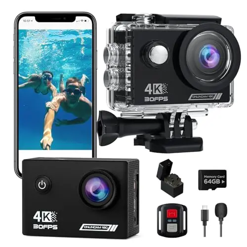 TIMNUT 4K action camera with waterproof case and helmet mount accessories