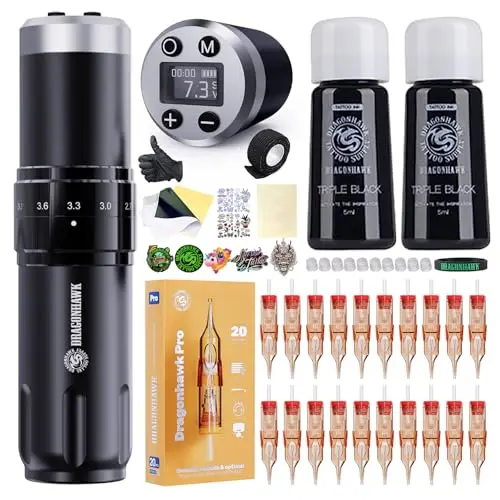 Dragonhawk tattoo pen with adjustment knob and two battery power supplies