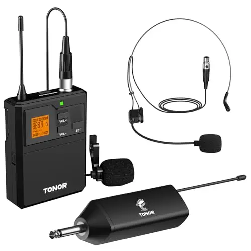 TONOR wireless microphone system with rechargeable receiver, bodypack, headset, and lapel microphone