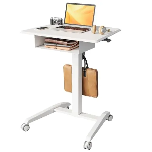 JOY WORKER white mobile standing desk with a large storage drawer and wheels