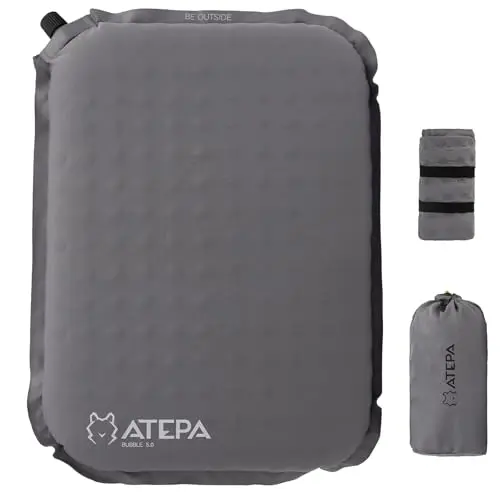 ATEPA Grey inflatable seat cushion in compact and expanded form