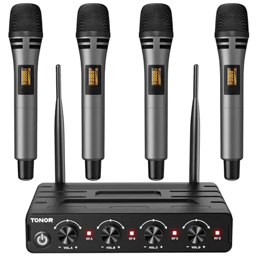 TONOR TW360 wireless microphone system with four handheld microphones and a compact receiver.