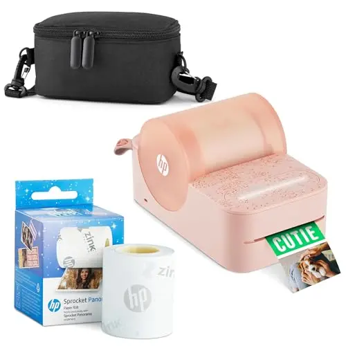 HP Sprocket Panorama pink portable instant color label and photo printer with case