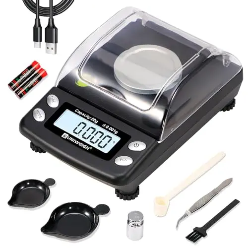 UNIWEIGH digital milligram scale kit with powder pans, tweezers, and calibration weight