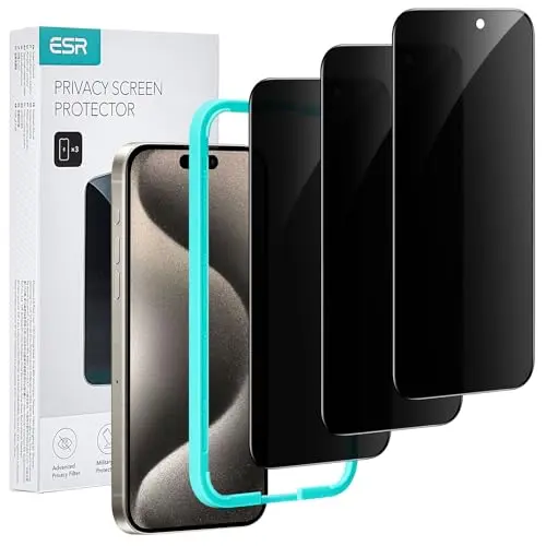 ESR Privacy Screen Protector for iPhone 15 Pro Max showing micro-curved edges and included application tray
