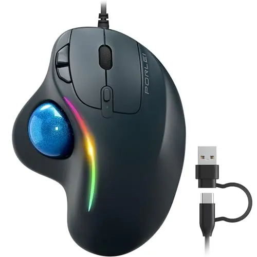 PORLEI wired trackball mouse with blue RGB lighting and a red thumb ball.