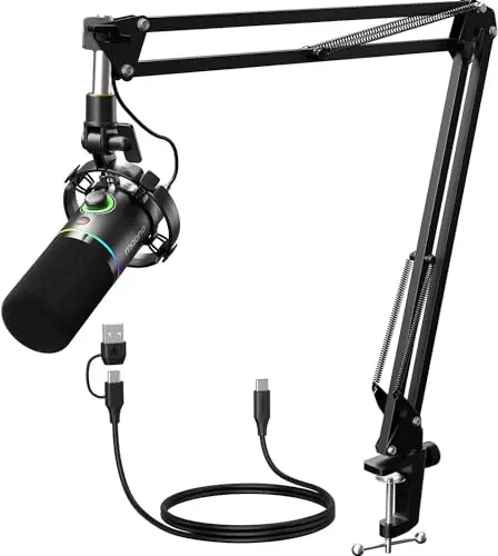 MAONO PD200XS dynamic microphone with RGB lighting on a boom arm