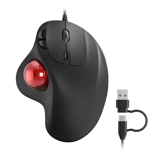 Nulea M509 wired trackball mouse with a red thumb ball and dual USB-A/USB-C cable.