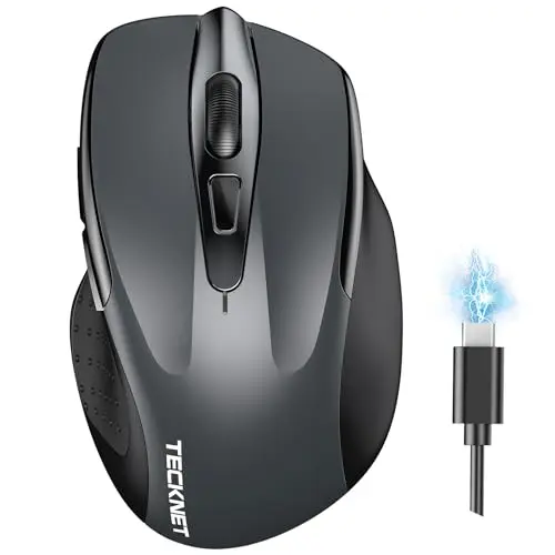 TECKNET Rechargeable wireless mouse in grey, showing six buttons and a modern, compact design.