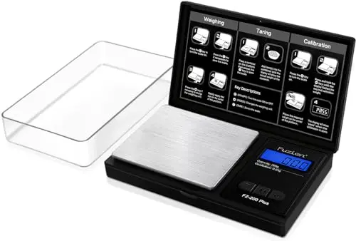 Fuzion black pocket gram scale with a flip cover and powder pan