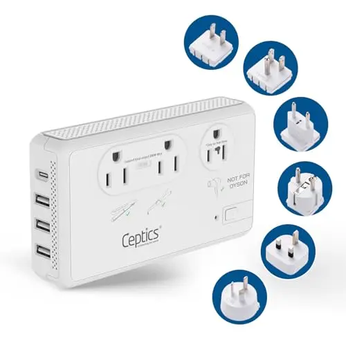 CEPTICS white travel voltage converter with long power cord and multiple outlets