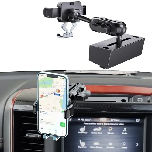 Kaishengyuan black metal dash phone mount installed in a Ram 1500 center dash.