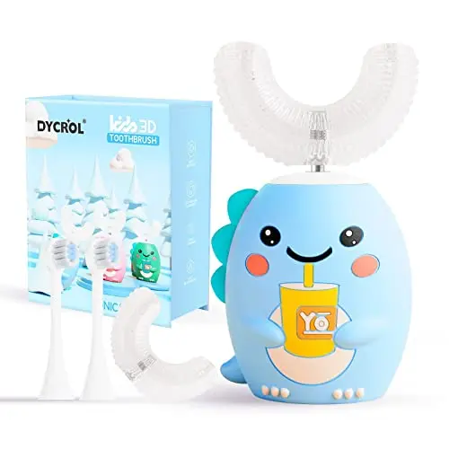 DYCROL U-shaped electric toothbrush for kids with dinosaur design and soft silicone brush heads