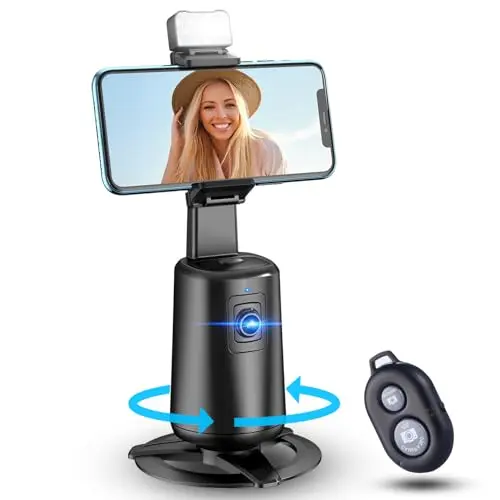 Jiangler black auto face tracking phone tripod on a desk, with a remote.