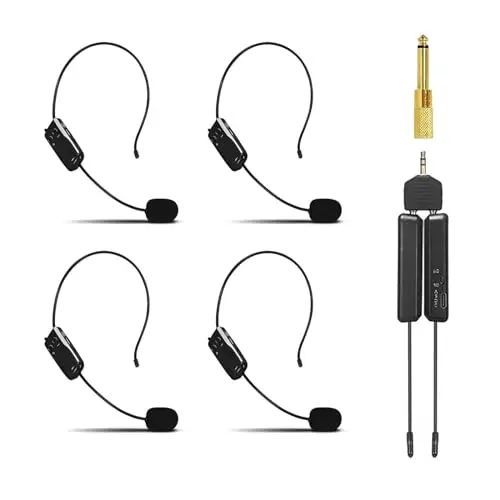 MICVISTA wireless microphone system with four headset microphones and two small receivers.