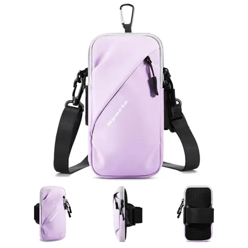 Prime Comfort armband phone holder in purple, worn on the upper arm and also showing the detachable shoulder strap.