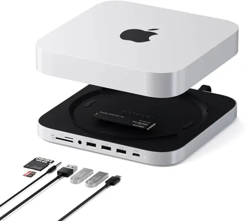 Satechi silver hub and stand with SSD enclosure for Mac mini M2 and M1 models