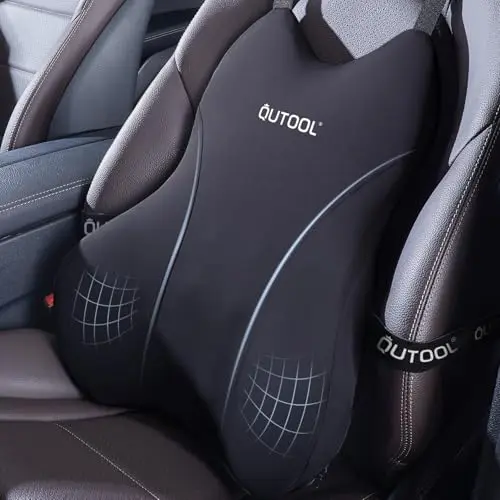 QUTOOL black lumbar support pillow with adjustable straps on a car seat