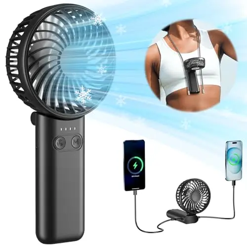 HandFan 5200mAh black handheld fan folded with lanyard