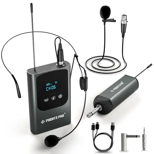 Phenyx Pro wireless headset and lapel microphone system with compact receiver