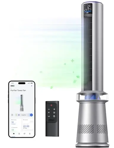 Dreo MC710S tall silver blue bladeless fan and air purifier with remote control
