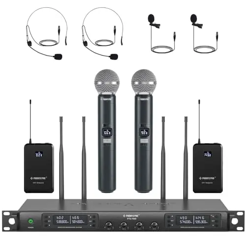 Phenyx Pro PTU-7000-2H2B 4-channel wireless microphone system with two handheld and two bodypack transmitters.