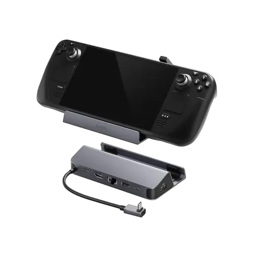 Anker 6-in-1 USB C hub for handheld consoles, with a short built-in cable and clean grey design.