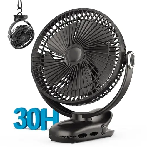 Nuerst black 8-inch clip fan with 360-degree rotation on a desk.