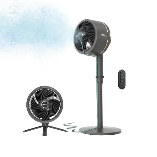 Shark FlexBreeze grey portable fan with misting attachment on a table outdoors