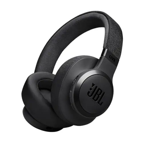 JBL Live 770NC Black wireless over-ear headphones on a charging dock