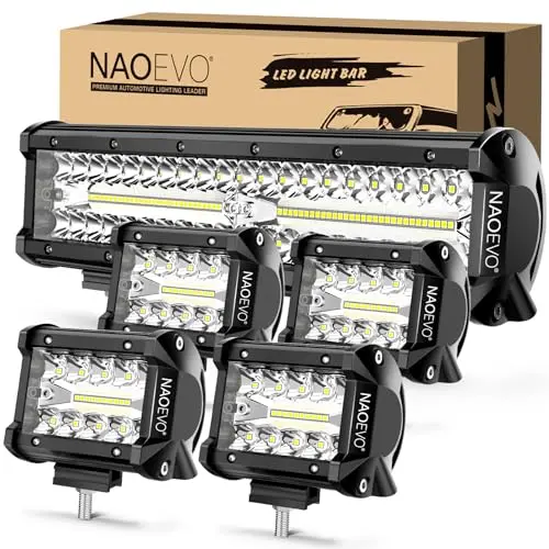 NAOEVO 12-inch LED light bar and four cube pods, showcasing built-in cooling fans on the back.