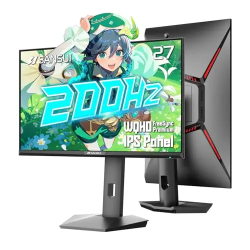 SANSUI 27-inch WQHD gaming monitor with stand showing full pivot rotation