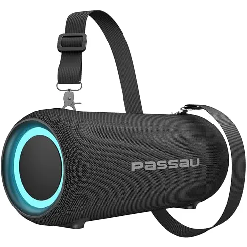 Passau Bluetooth speaker with an adjustable shoulder strap being carried