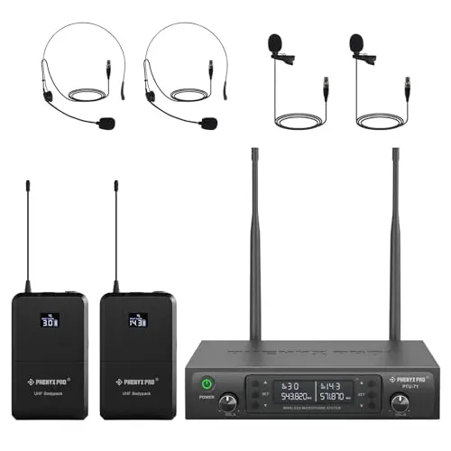 Phenyx Pro dual-channel wireless microphone system with two bodypack transmitters and headset microphones