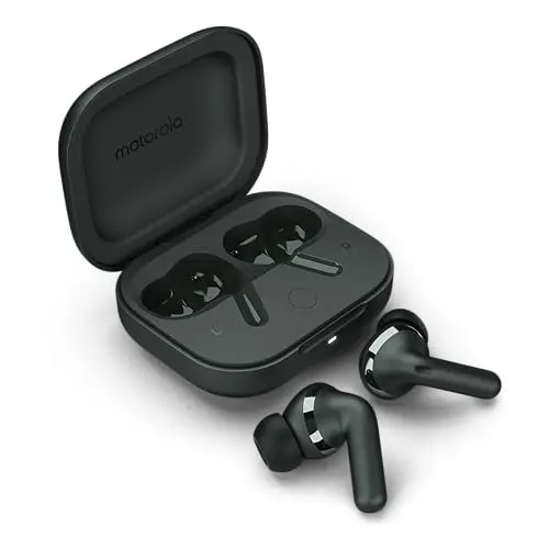 Motorola Moto Buds+ black wireless earbuds with charging case
