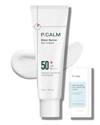 P.CALM Water Barrier Moisturizing Sun Cream in a white and turquoise bottle